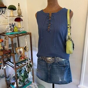 Boho Western Frye Textured Blue Lace Up Tank Top - Size Small